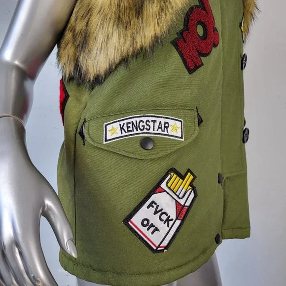 NWOT~$545~KINGSTAR~S/M~ARMY GREEN HOODED FAUX FOX RACCOON FUR PATCHES VEST COAT